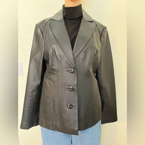 East 5th-Y2K Vintage, Black, Leather, Button Up, Jacquard Lined, Jacket. Size-M